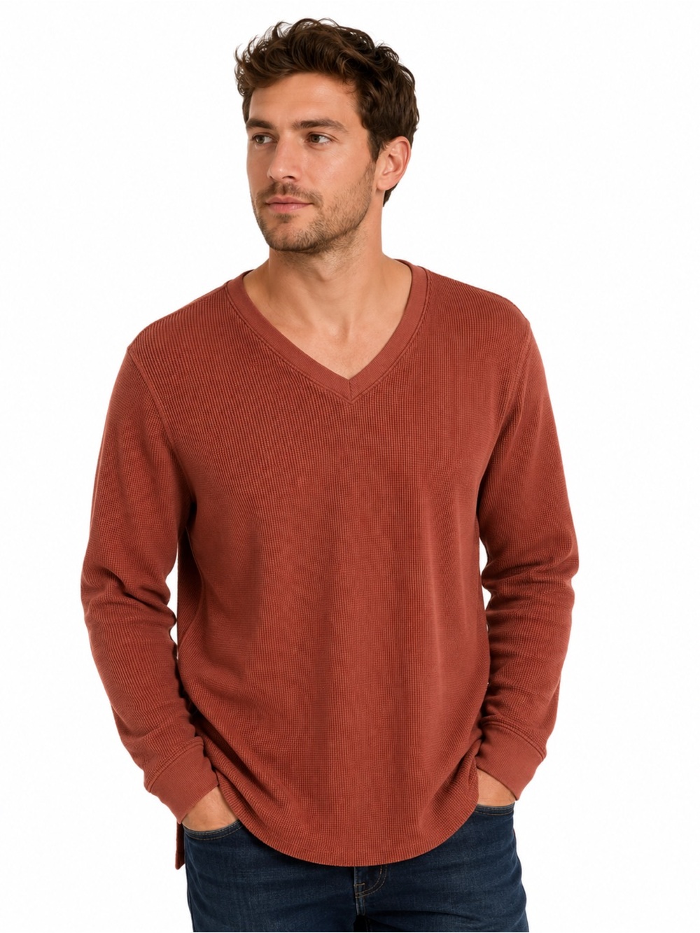 Pact Men's V-Neck Sweater in Rust